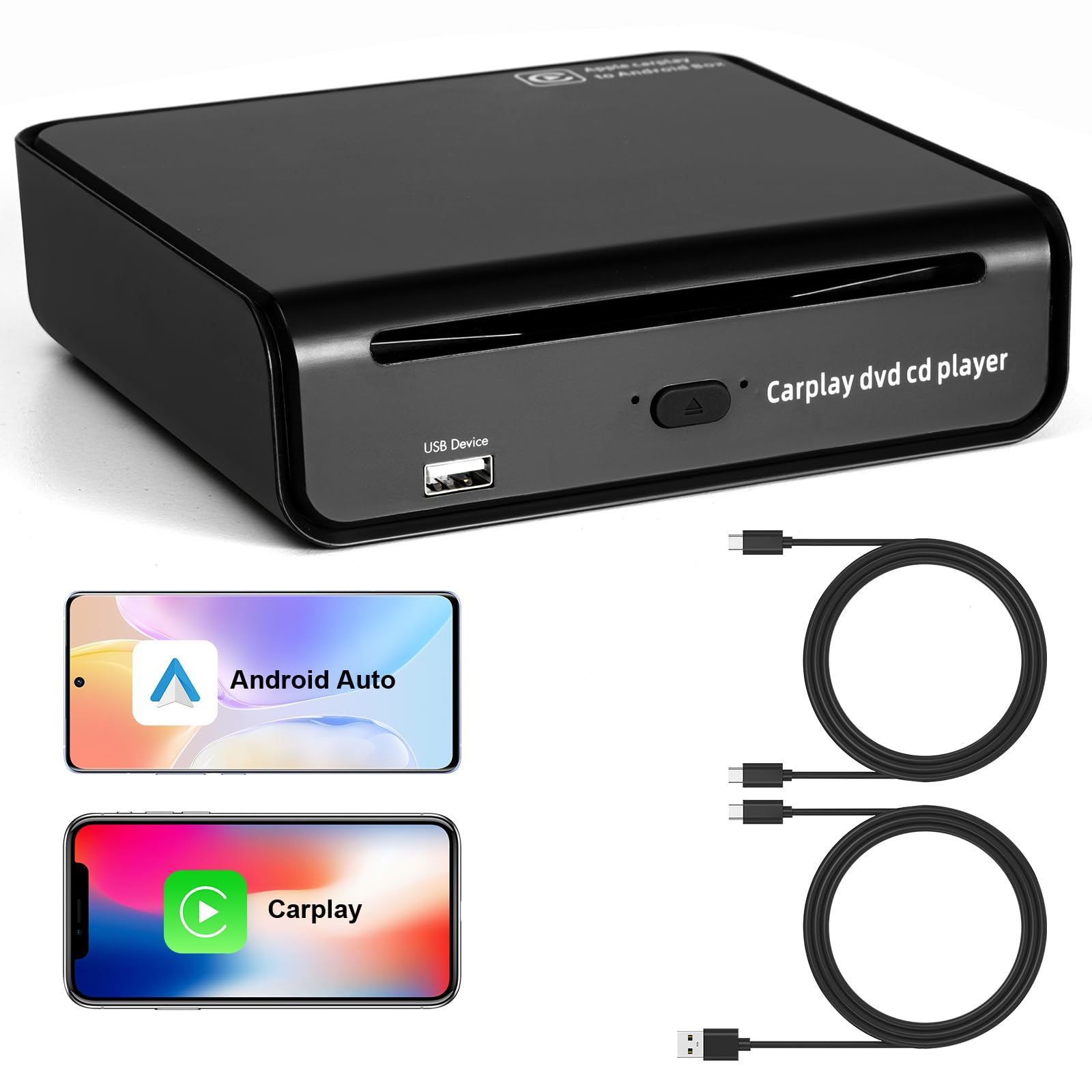 Flwlkeji Portable External Usb/Type C Cd Dvd Player For Car With Built In Wireless Carplay & Android Auto Adapter,Carplay Dvd Pl