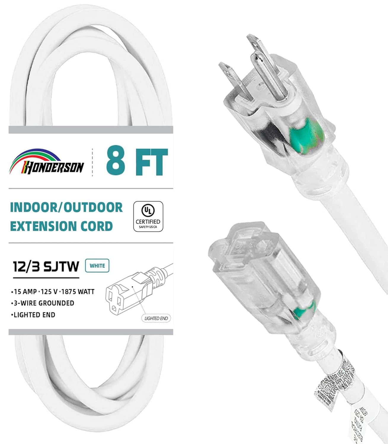 Honderson Indoor Outdoor Extension Cord Weatherproof With Lighted End, Ul Listed, 12 Gauge 8Ft White 3 Prong Heavy Duty Extensio