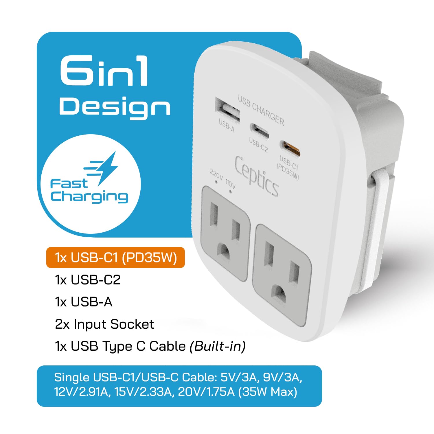 Ceptics Universal Travel Adapter Kit - 2 Usb, Usb-C Cord+2 Us Outlets Qc 3.0, Surge Protection, Plugs For Europe, Uk, China, Aus
