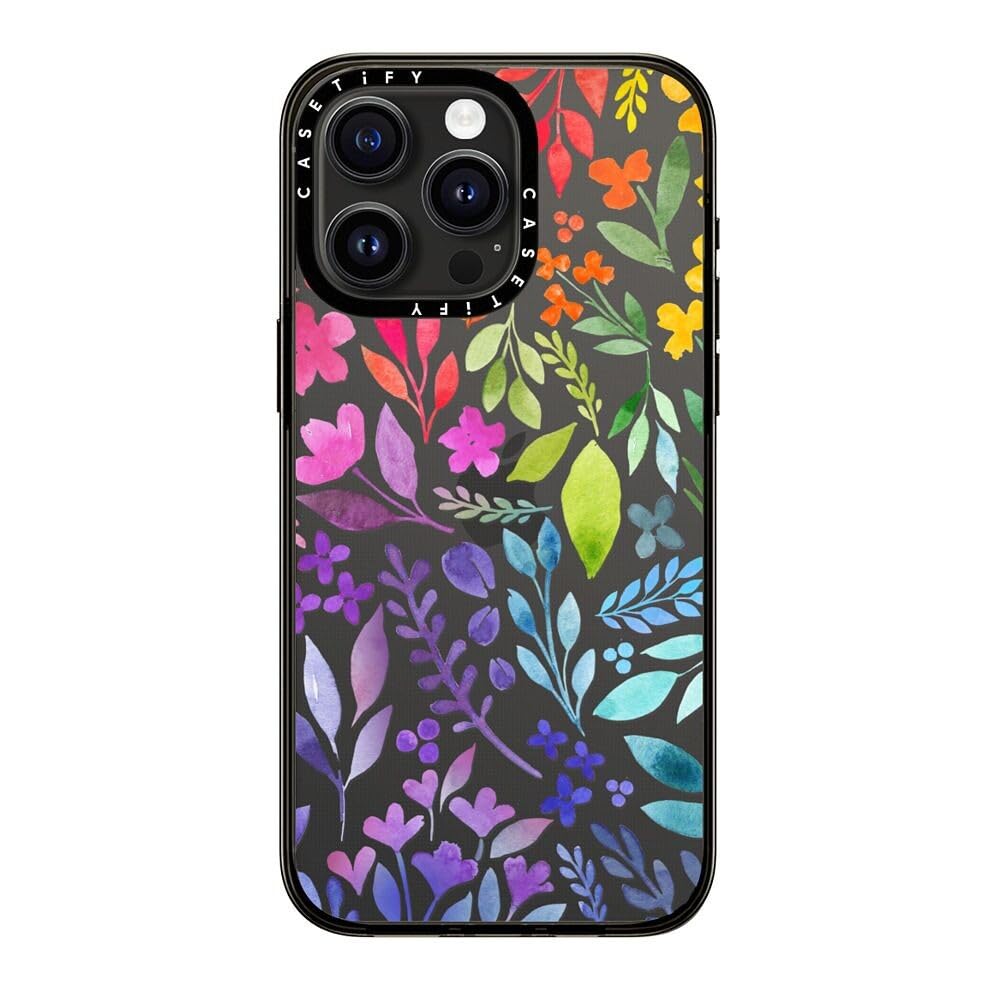 Casetify Compact Case For Iphone 15 Pro Max [2X Military Grade Drop Tested / 4Ft Drop Protection]   Floral Rainbow   Clear Black