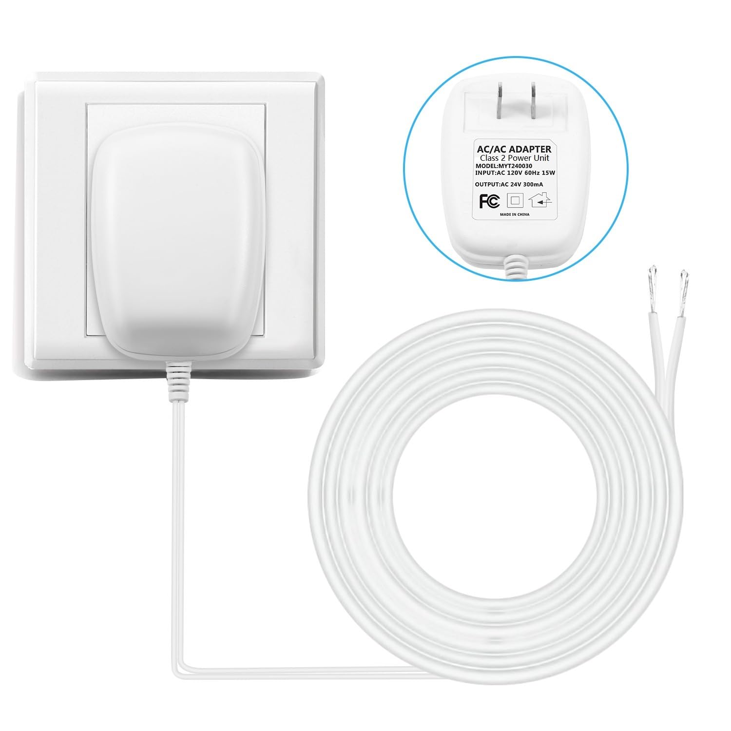 24 Volt Power Adapter/Transformer,C-Wire Adapter Thermostat,Compatible with All Versions of Ring Doorbell and Thermostat for Ecobee,Sensi and Honeywell(25Ft Cable) -Like New