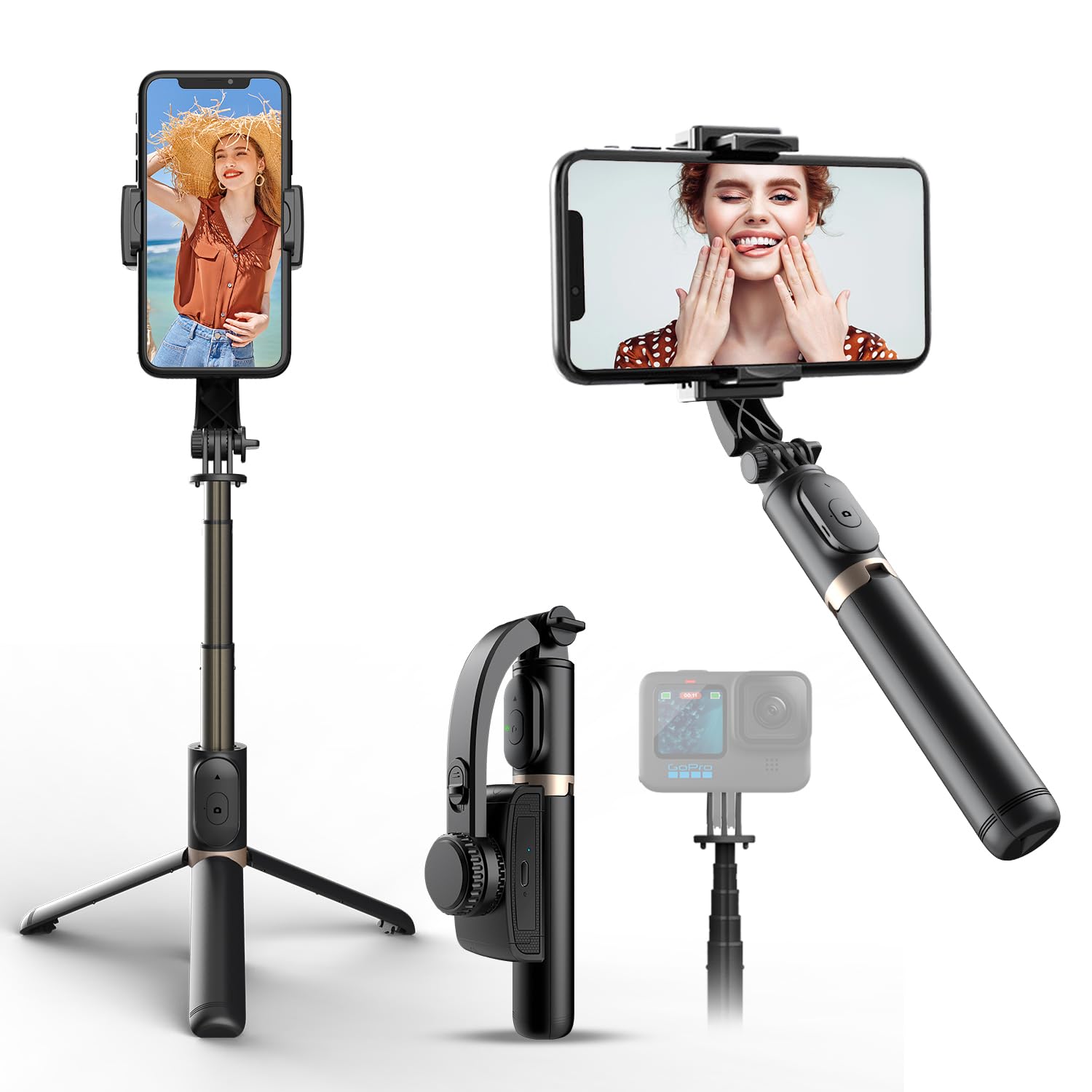 Selfie Stick Tripod with Gimbal Stabilizer for Phone, 360 Auto-Balance 1-Axis Rotation, Remote Control, Portable for Vlogging, T