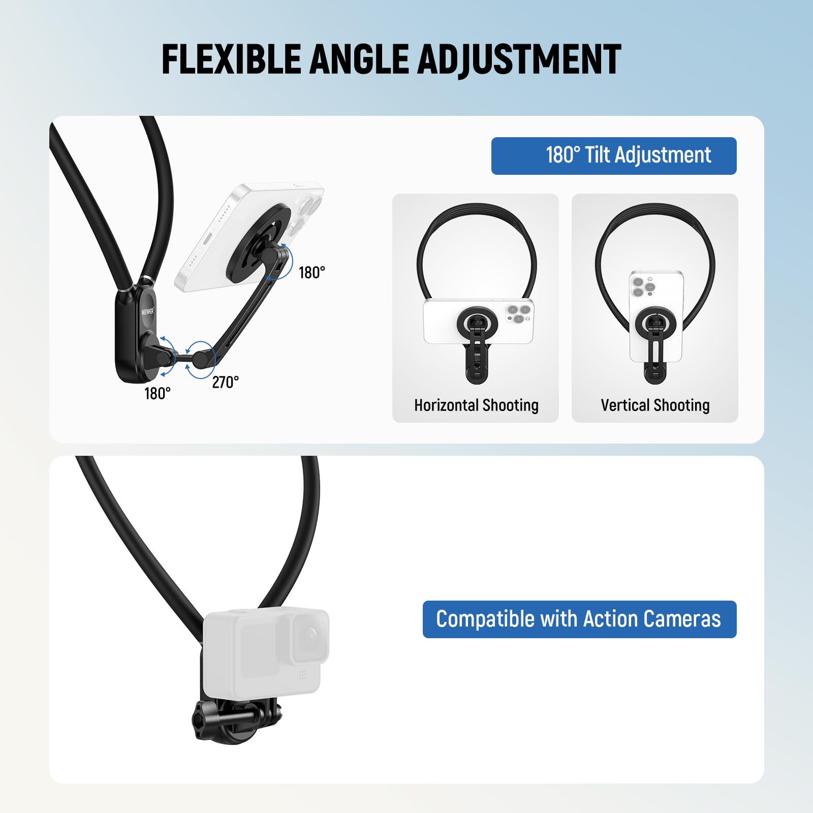 Neewer Magnetic Neck Holder For Action Camera & Phone, Hands Free Neck Mount With Chest Strap Compatible With Gopro Dji Insta360