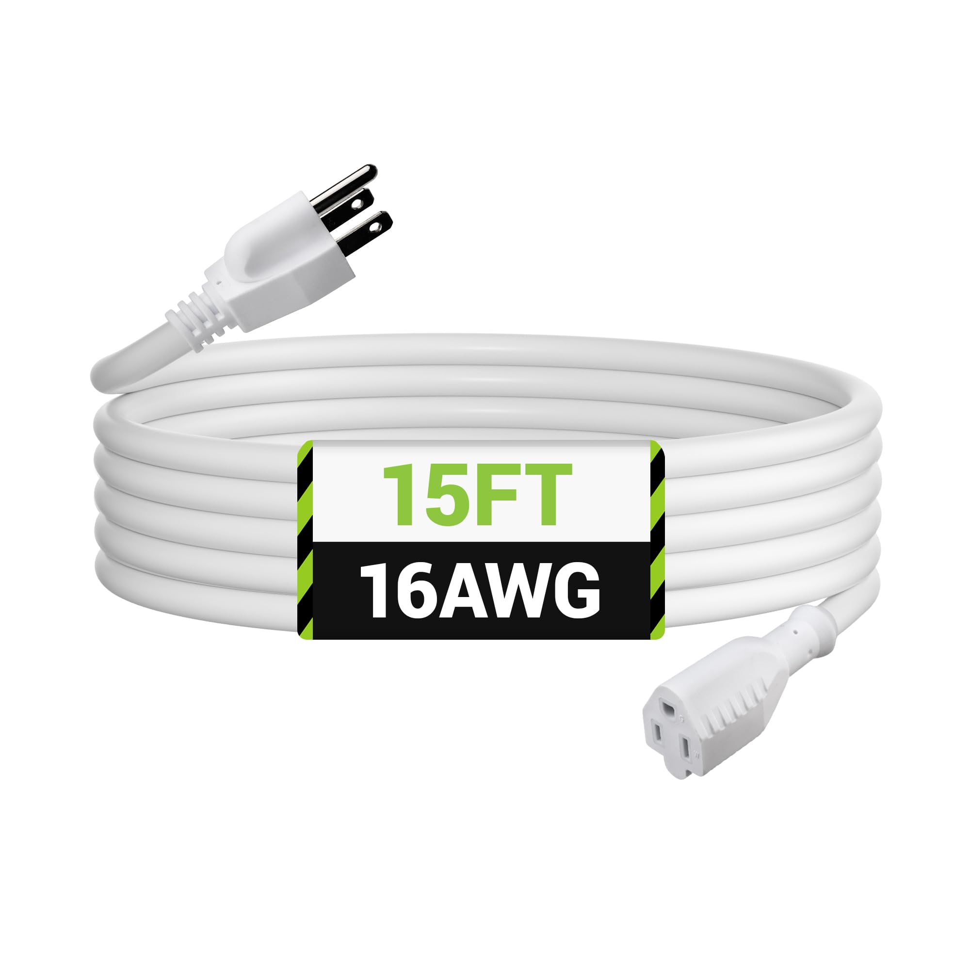 Bn Link 15Ft Outdoor Extension Cord, 3 Prong, 16 Gauge General Purpose Power Cord, Grounded Plug, White, For Landscaping & Holid