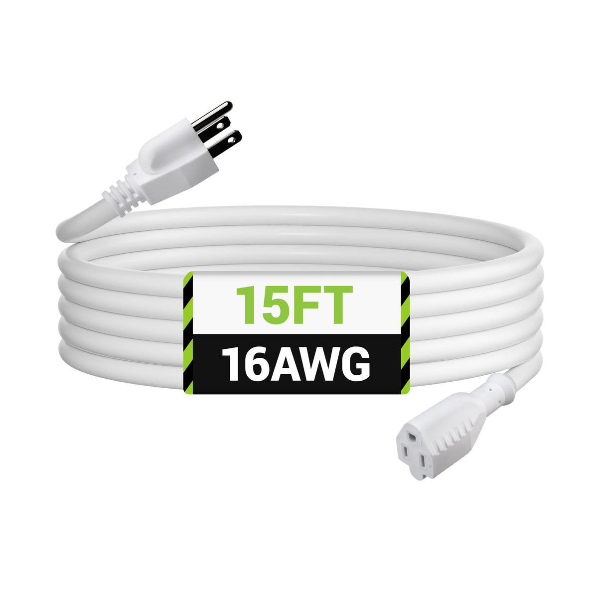 Bn Link 15Ft Outdoor Extension Cord, 3 Prong, 16 Gauge General Purpose Power Cord, Grounded Plug, White, For Landscaping & Holid