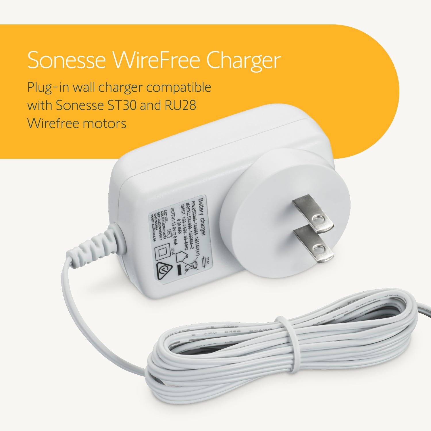 Somfy Sonesse Wirefree Plug In Charger 9020672   Compact & Efficient Lithium Ion Battery Charger For St30 & R28 Motors   8 Hour