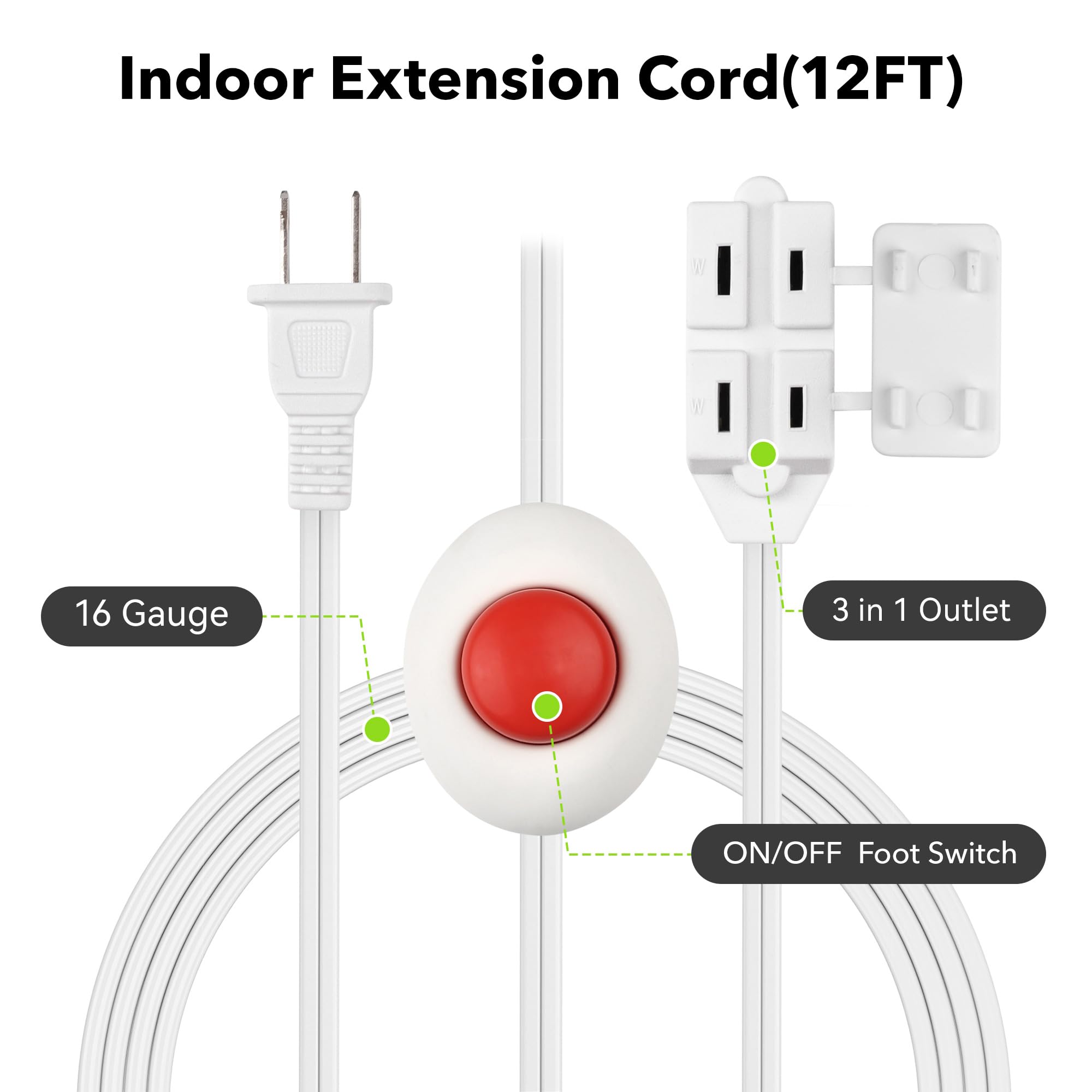 Bn Link 12Ft Extension Cord With Footswitch 16/2 Spt 2, 3 Outlet Indoor Extension Cord With On Off Switch, For Christmas Tree An