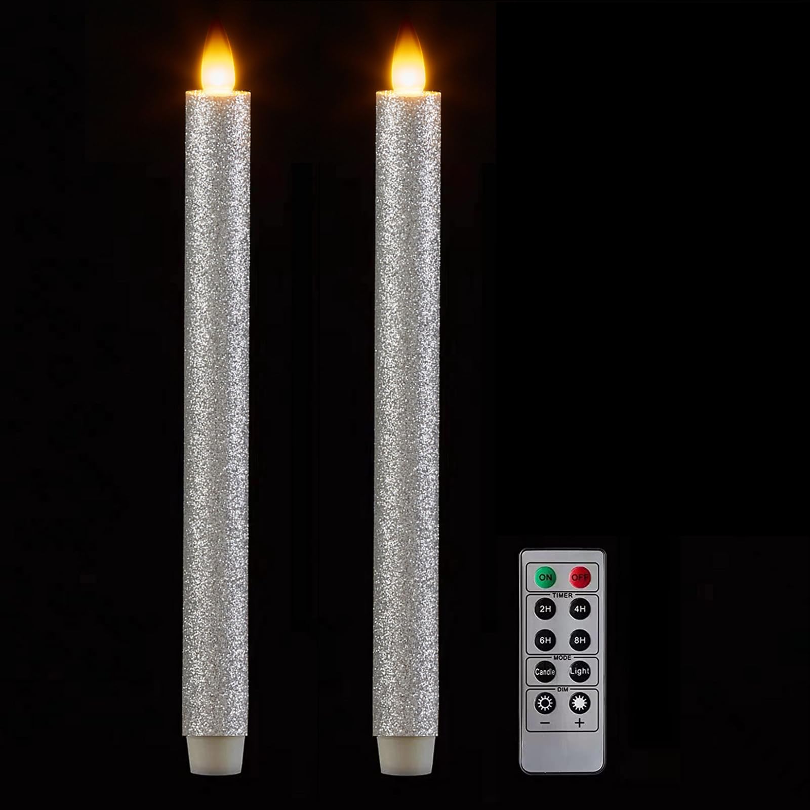 Cozierglow Glitter Silver 9 Inch Battery Operated 3D Moving Flame Taper Candles With Remote And Timer, Pack Of 2