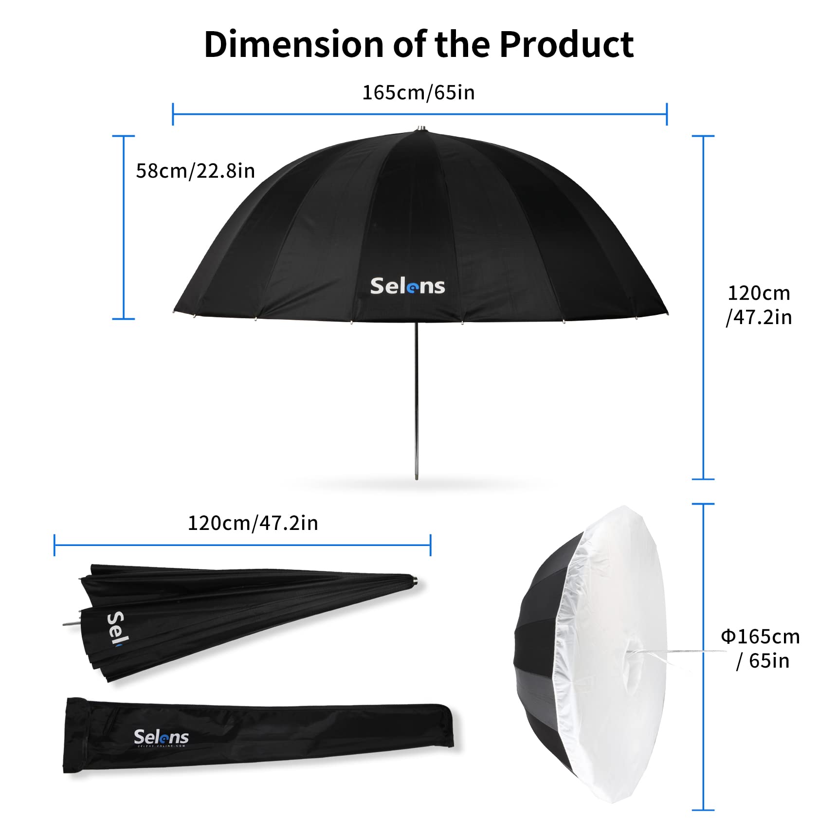 Selens Parabolic Umbrella And Diffuser Photography Lighting, 65 Inch Black Silver Reflective Deep Umbrella For Photo Studio Flas