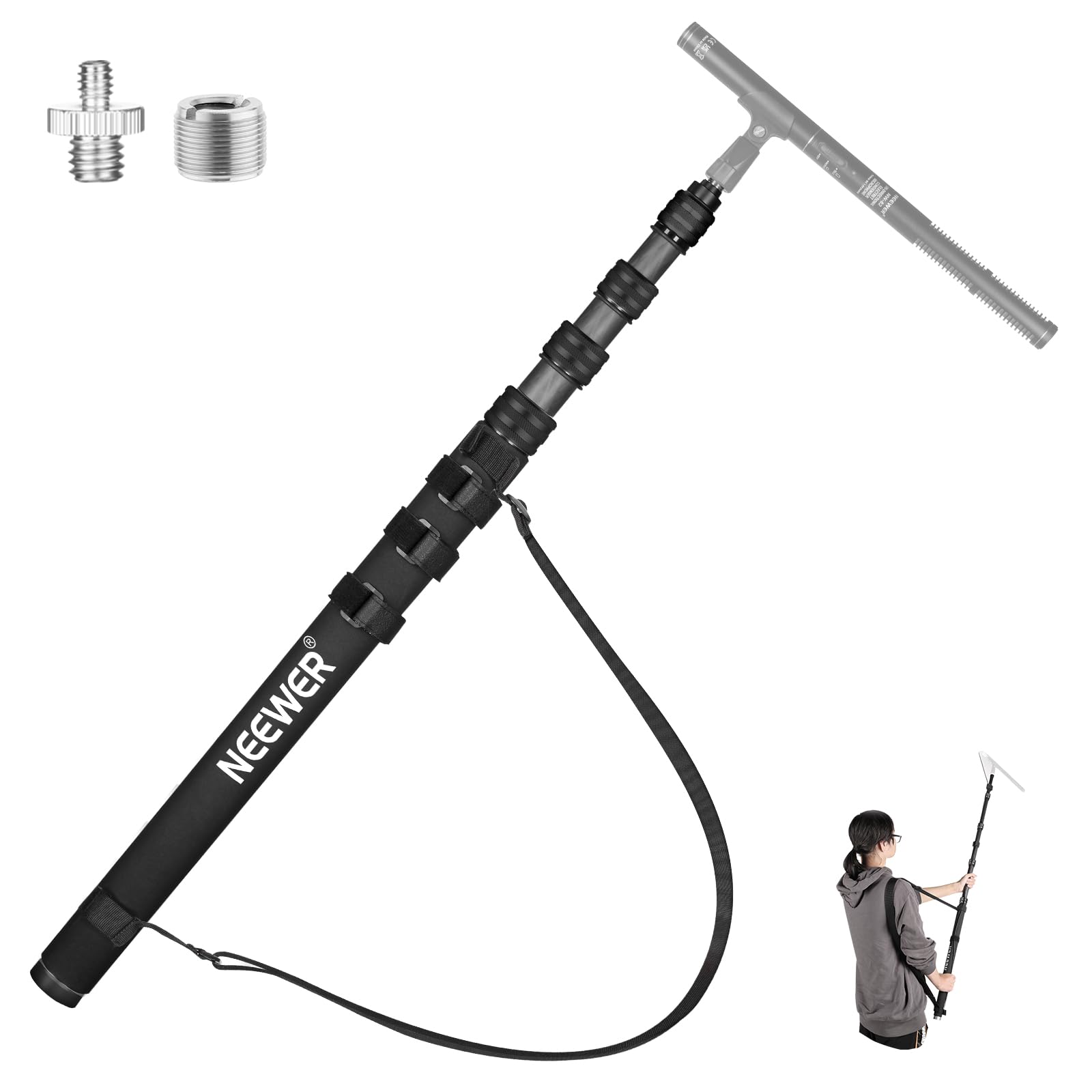 NEEWER Upgraded Microphone Boom Pole, 9.8ft/300cm Telescopic Carbon Fiber Mic Boom Arm with 5 Sections, 1/4 3/8 5/8 Screw Adapte