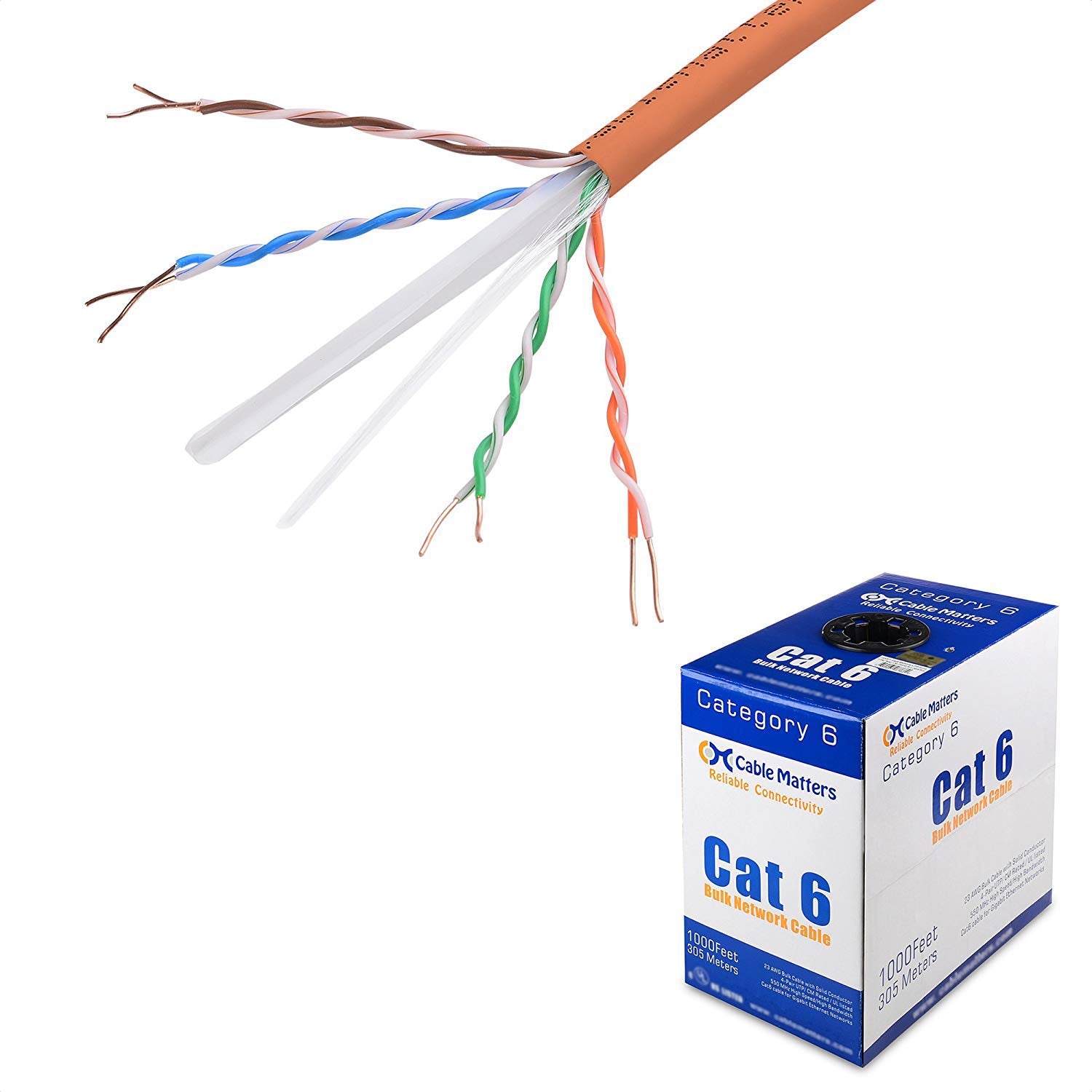 Cable Matters [UL Listed] 10Gbps in Wall (CM) Rated 23AWG Bare Copper Cat 6 Cable 1000 ft (Cat6 Bulk Cable 1000 ft, Cat6 Ethernet Cable, Internet Cable, Network Cable) in Orange