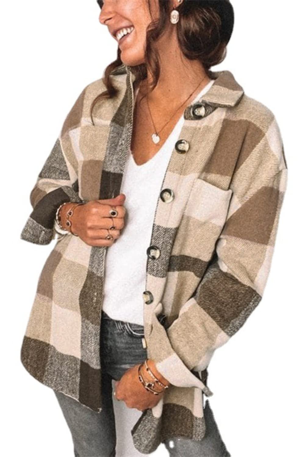 Blansdi Womenas Casual Plaid Flannel Shacket Jacket Oversized Button Down Long Sleeve Fall Shirt Jacket Coat Tops Z Khaki