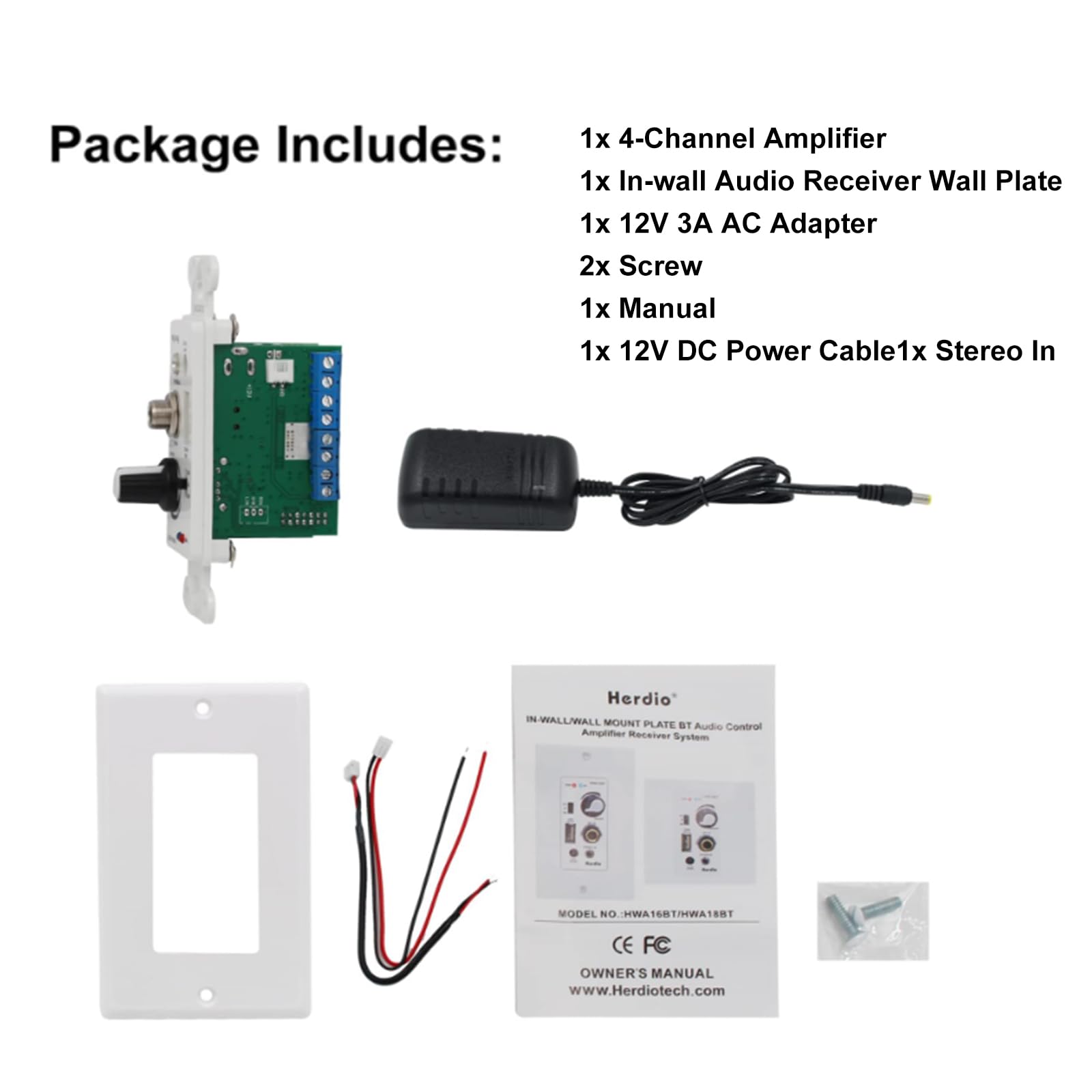 Herdio Bluetooth Wall Amplifier 4 Channels Volume Control Wall Plate Usb/Mic/Aux(3.5Mm) Inputs Connect 4 Speakers With 12V 3A Po