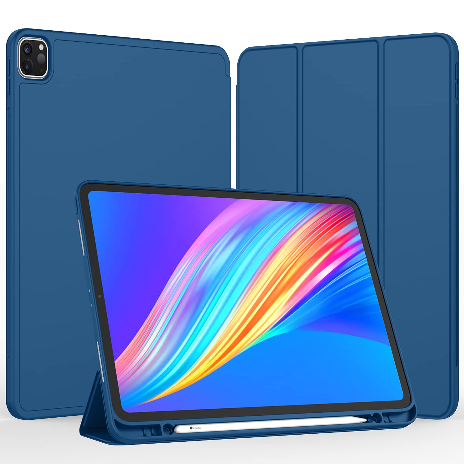 Imieet New Ipad Pro 12.9 Case 2022(6Th Gen)/2021(5Th Gen) With Pencil Holder [Support Ipad 2Nd Pencil Charging/Pair],Trifold Stand Smart Case With Soft Tpu Back,Auto Wake/Sleep(Navy Blue)