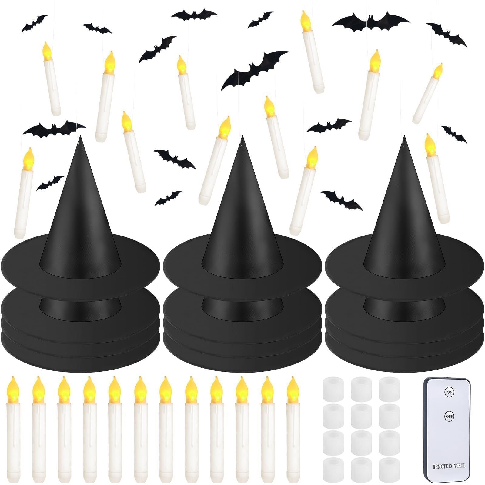 80 Pcs Halloween Hanging Witch Hats And Taper Floating Candles Set Includes 12 Witch Hats 12 Led Floating Candles Lights 56 3D B