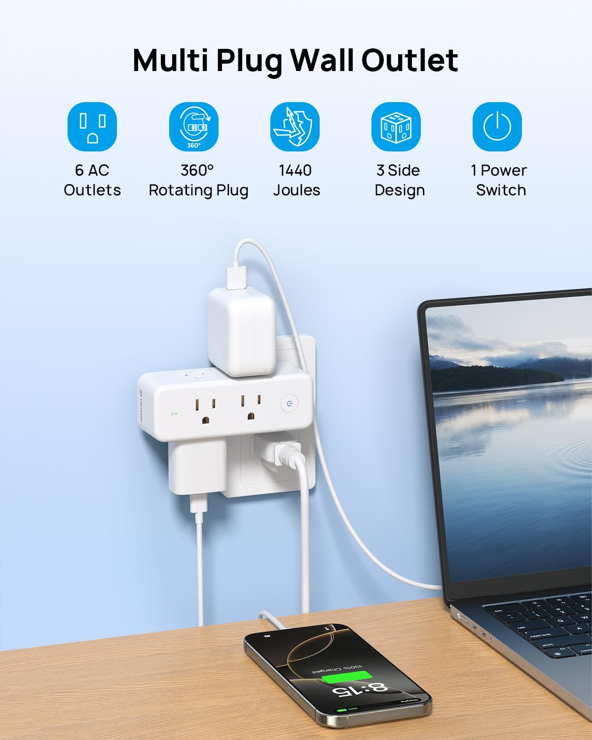 Trond Outlet Extender Surge Protector, 6 Ac Outlet Splitter With 360? Rotating Plug, 1440J, 3 Sided Swivel Wall Plug Adapter Wit