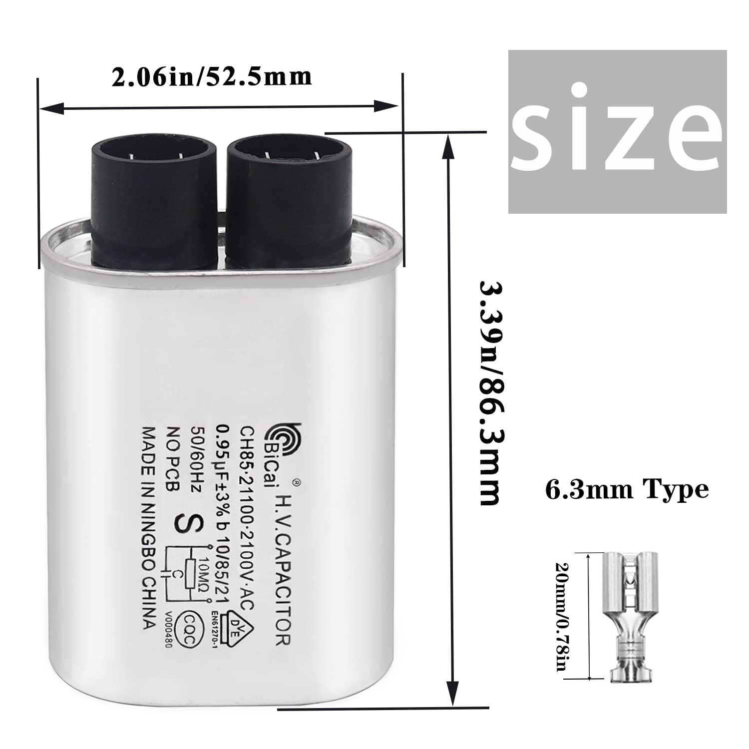 Tnisesm Microwave Capacitor 0.95Uf 2100V, High Voltage Capacitor 1/4'' Standard Terminal Connection Pin, Compatible With Whirlpo