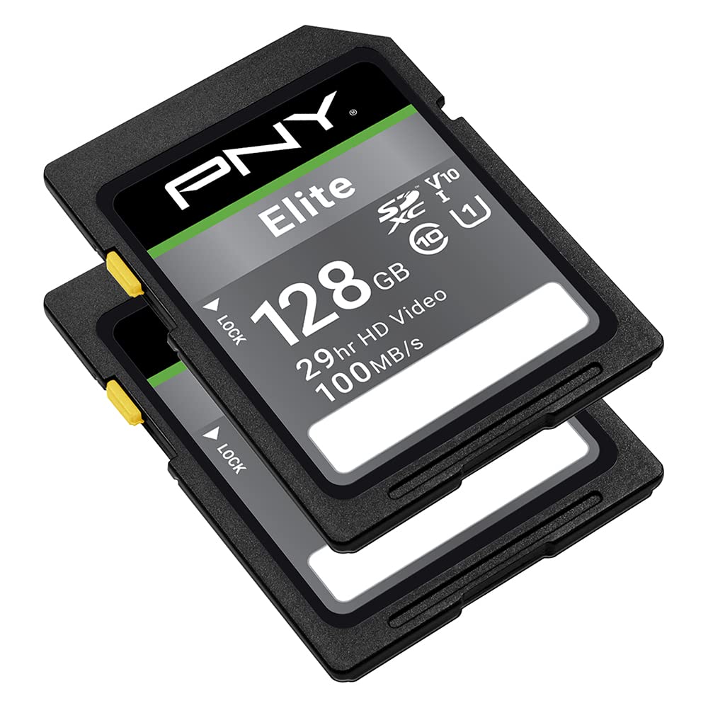 Pny 128Gb Elite Class 10 U1 V10 Sdxc Flash Memory Card 2 Pack   100Mb/S Read, Class 10, U1, V10, Full Hd, Uhs I, Full Size Sd