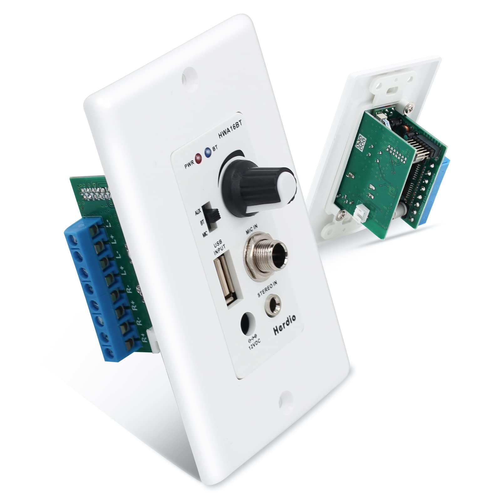 Herdio Bluetooth Wall Amplifier 4 Channels Volume Control Wall Plate Usb/Mic/Aux(3.5Mm) Inputs Connect 4 Speakers With 12V 3A Po