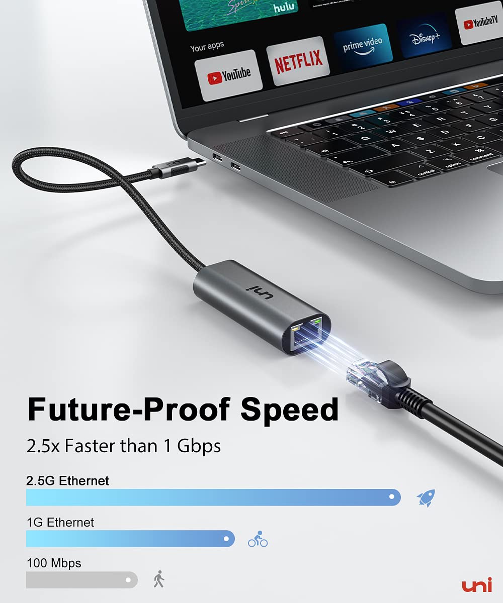 Uni Usb C To Ethernet Adapter 2.5 Gbps, Blazing Fast Type C(Thunderbolt 4/3 Compatible) To Rj45 Adapter, Sturdy Aluminum Gigabit