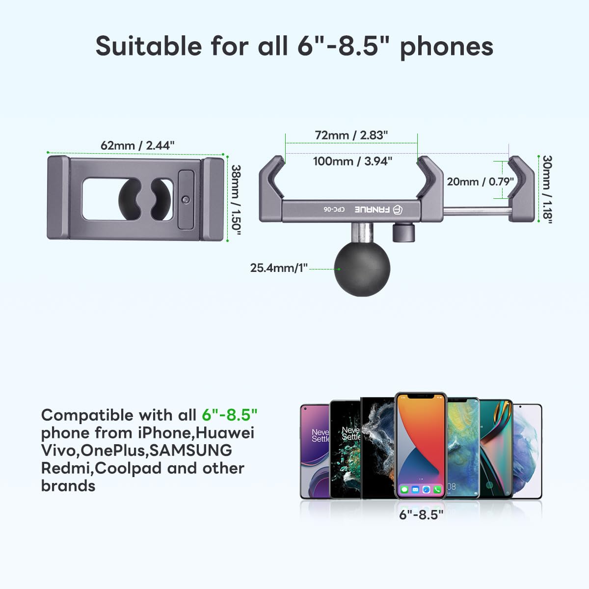 Fanaue Aluminum Phone Holder With 1'' Ball Head Adapter Compatible With Ram Mounts B Size Double Socket Arm & Bike Motorcycle Ph