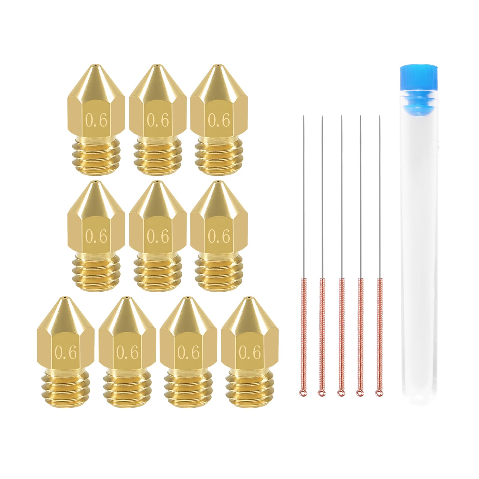 Aokin 10 Pcs 0.6Mm 3D Printer Nozzles Mk8 Extruder Nozzles And 5 Pcs 0.5Mm Stainless Steel Nozzle Cleaning Needles For Creality