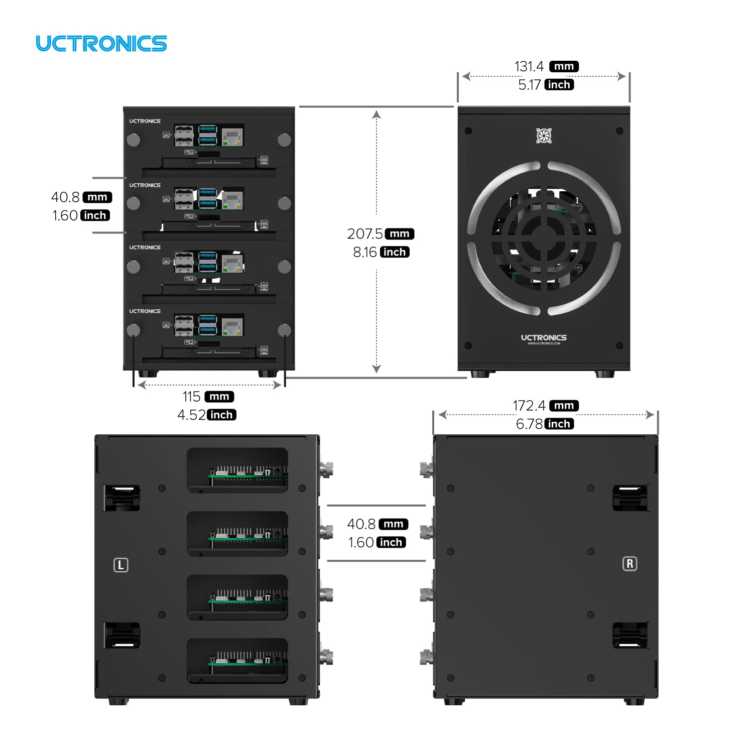Uctronics Desktop Cluster Enclosure For Raspberry Pi, Up To 4 Pis And 2.5'' Ssd, Front Removable Trays, 12Cm Led Cooling Fan For
