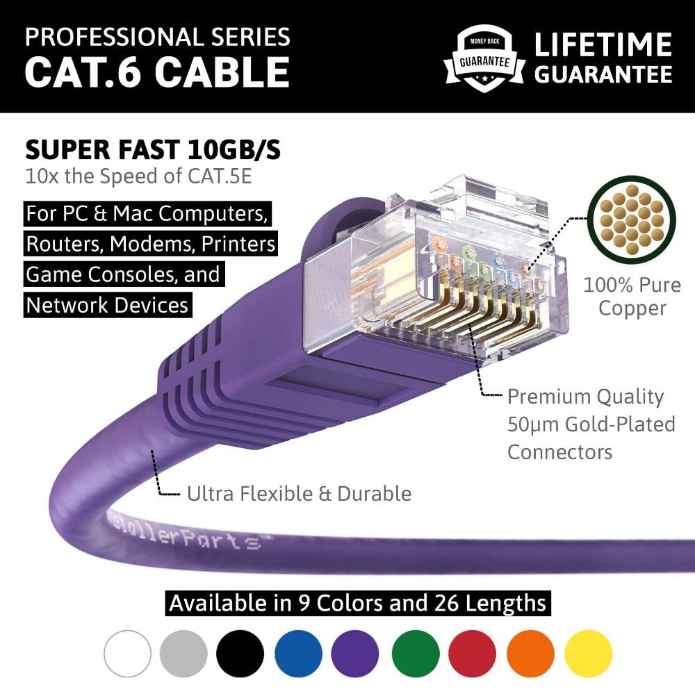 Installerparts Cat6 Cable Utp Booted [Purple]   [5 Ft]   [5 Pack]   Professional Series   10Gbps, Cat6 Patch Cable, Cat 6 Patch