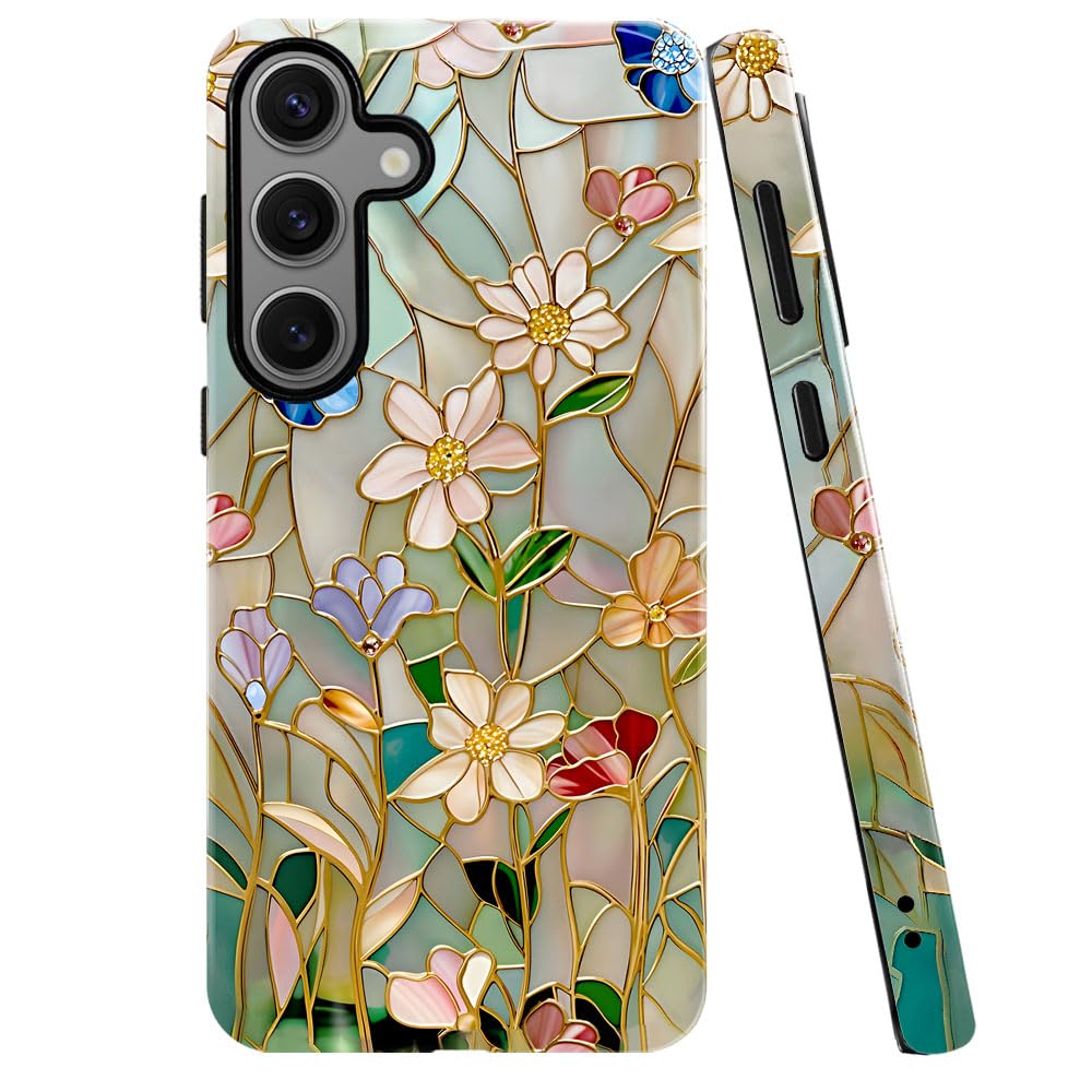 TnXee Case for Samsung Galaxy S23 FE,Stained Glass Bloom Flower Phone Case Drop Resistant Glossy 2 in 1 Solid Dual-Layer Cover f