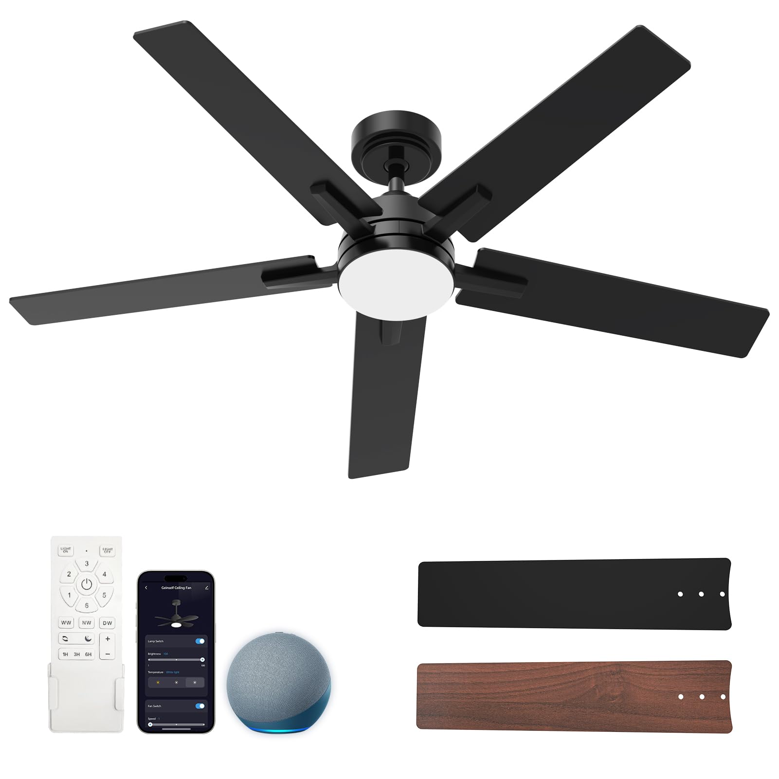 Geinself 52 Inch Ceiling Fans with Lights and Remote, Smart Ceiling Fan Compatible with Alexa/App Control, 5 Two-Sided Blades, U