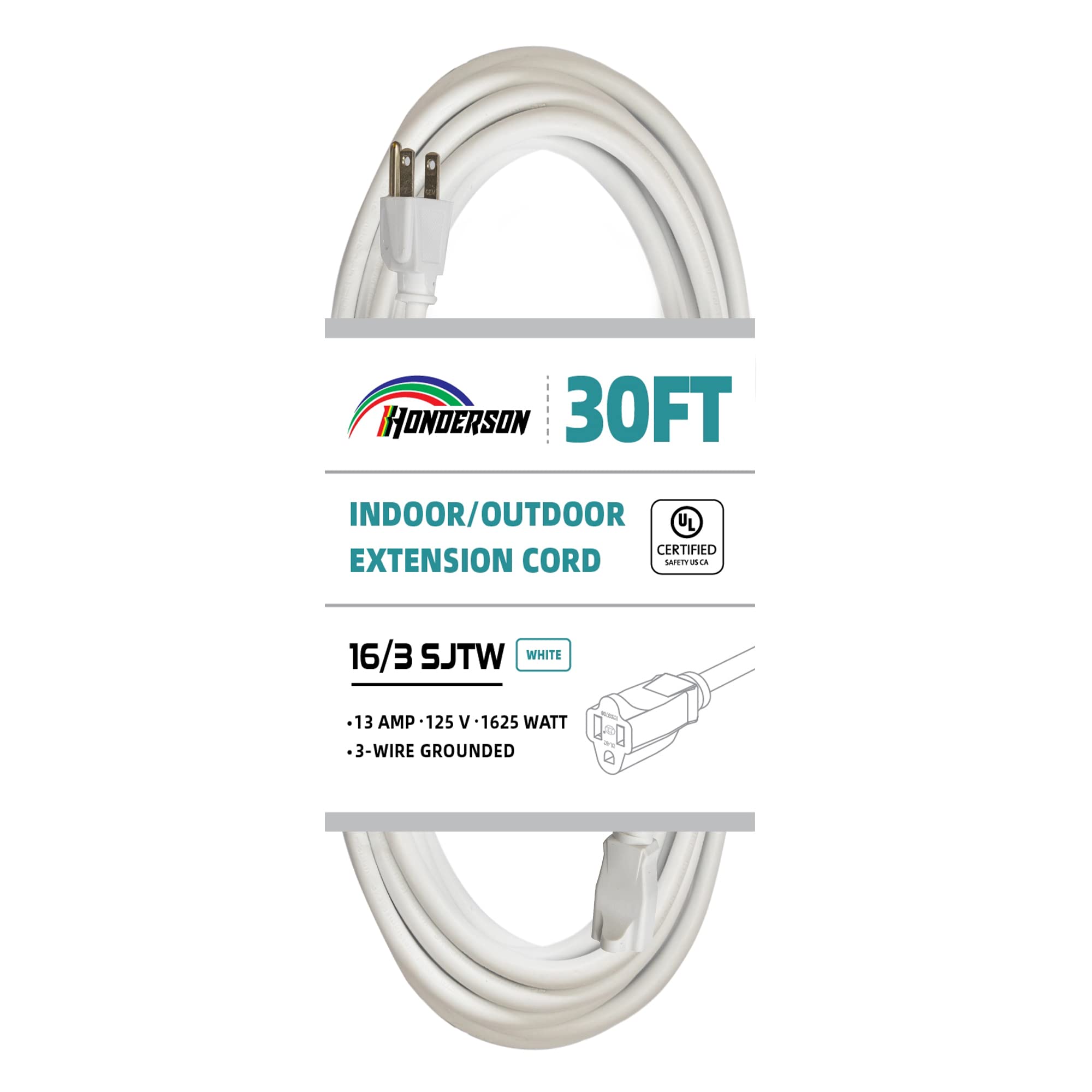 Honderson Indoor Outdoor Extension Cord Weatherproof, Ul Listed, 16 Gauge 30Ft White 3 Prong Heavy Duty, 16/3 Sjtw 13A Power Cor