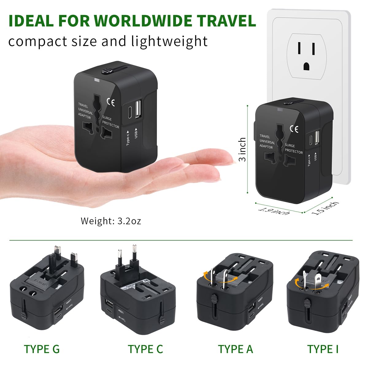 Universal Travel Adapter, All In One Plug Adapter With Usb C, Worldwide Power Adapter Usb Type C Port, International Wall Charge