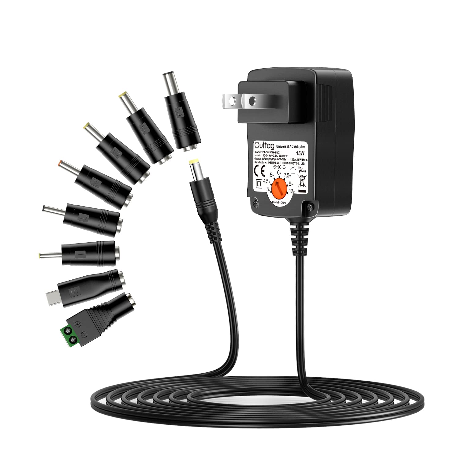 15W Universal Ac Adapter 3V 4.5V 5V 6V 7.5V 9V 12V 0.5A 1A 1.25A Max Multi Voltage Switching Power Supply Replacement For Househ