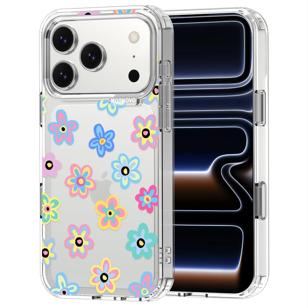 MOSNOVO for iPhone 17 Pro Case | Military Grade 6.6ft Drop Tested | Camera Control | Clear with Groovy Flower Design