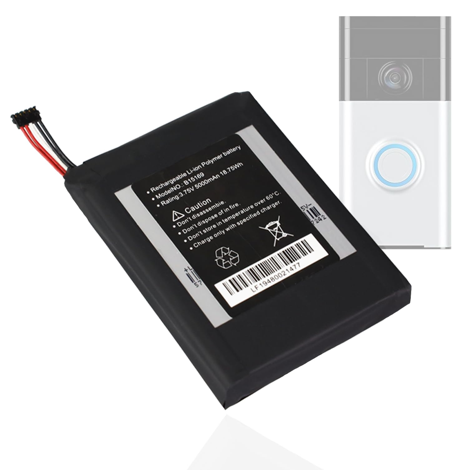 WRUMI B15169 Replacement for Ring Doorbell Battery: Video Doorbell 1st Gen Battery 5-PIN - Model B15169 Video Doorbell 1st Gener