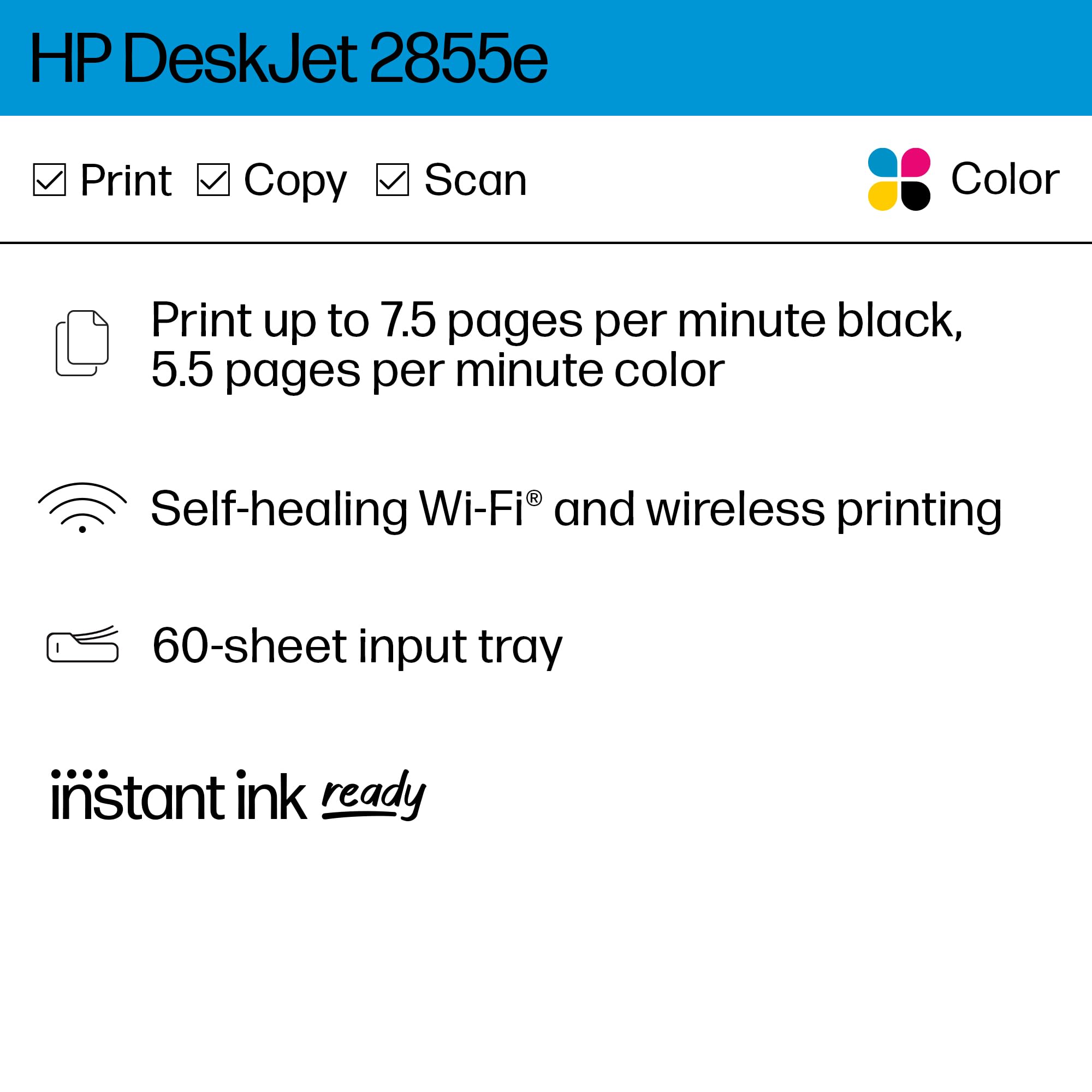 Hp Deskjet 2855E Wireless All In One Color Inkjet Printer, Scanner, Copier, Best For Home, 3 Months Of Instant Ink Included (588