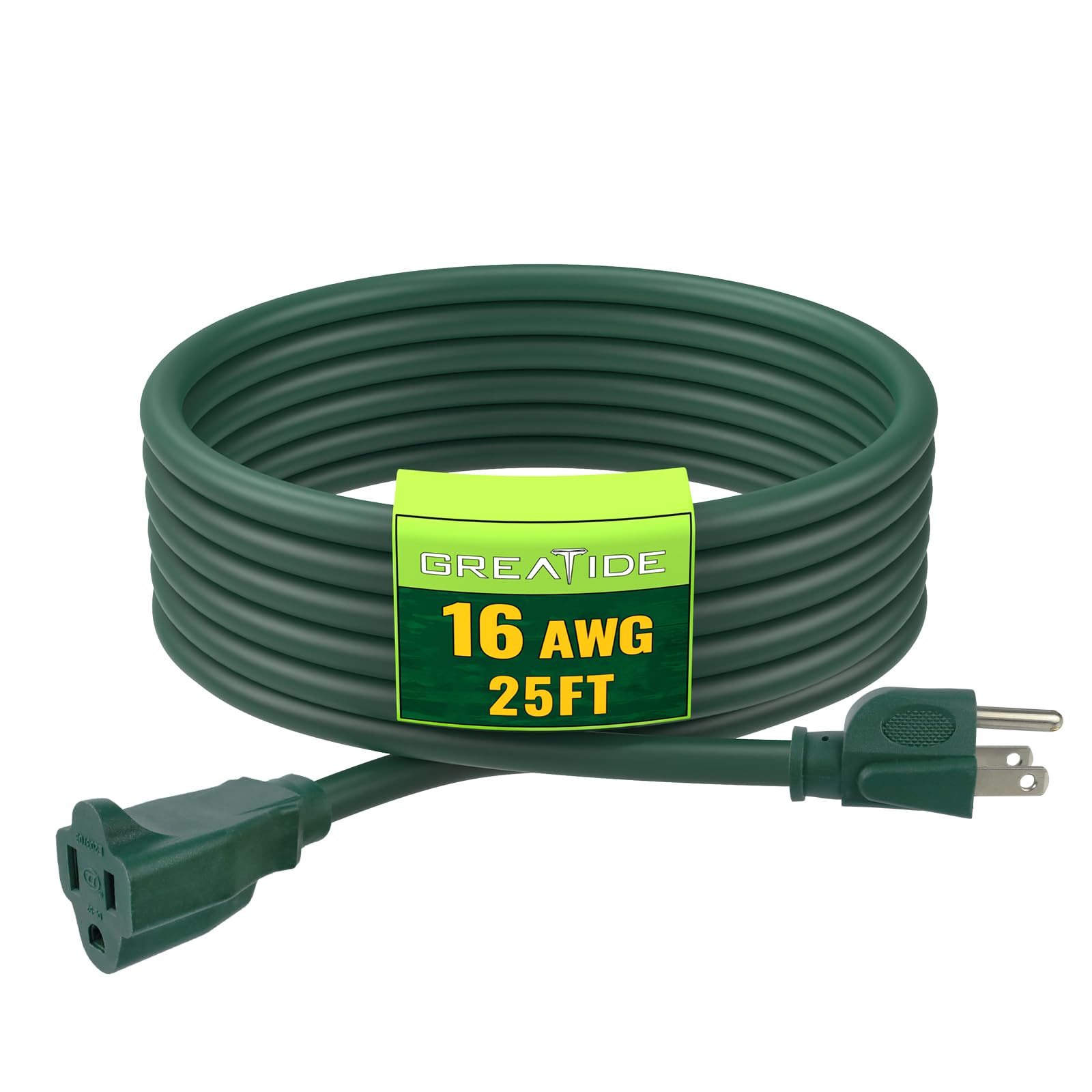 Greatide Indoor Outdoor Extension Cord 25 Ft, 16/3 Sjtw Weatherproof Green Electrical Cords, 13 Amp Heavy Duty 3 Prong Power Cab