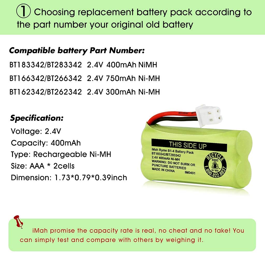 Imah Bt183342/Bt283342 2.4V 400Mah Ni Mh Battery Pack Compatible For Bt166342/Bt266342 Bt162342/Bt262342 2Sn Aaa40H S X2, Pack O