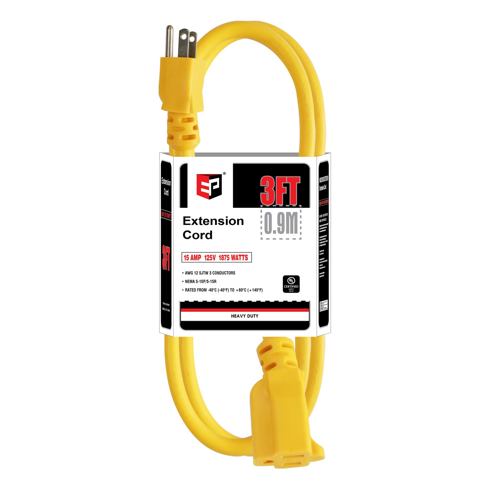 Ep 3 Ft Outdoor Extension Cord, 12/3 Sjtw Heavy Duty Extension Cable With 3 Prong Grounded Plug, 15 Amp Power Cord For Lawn, Gar