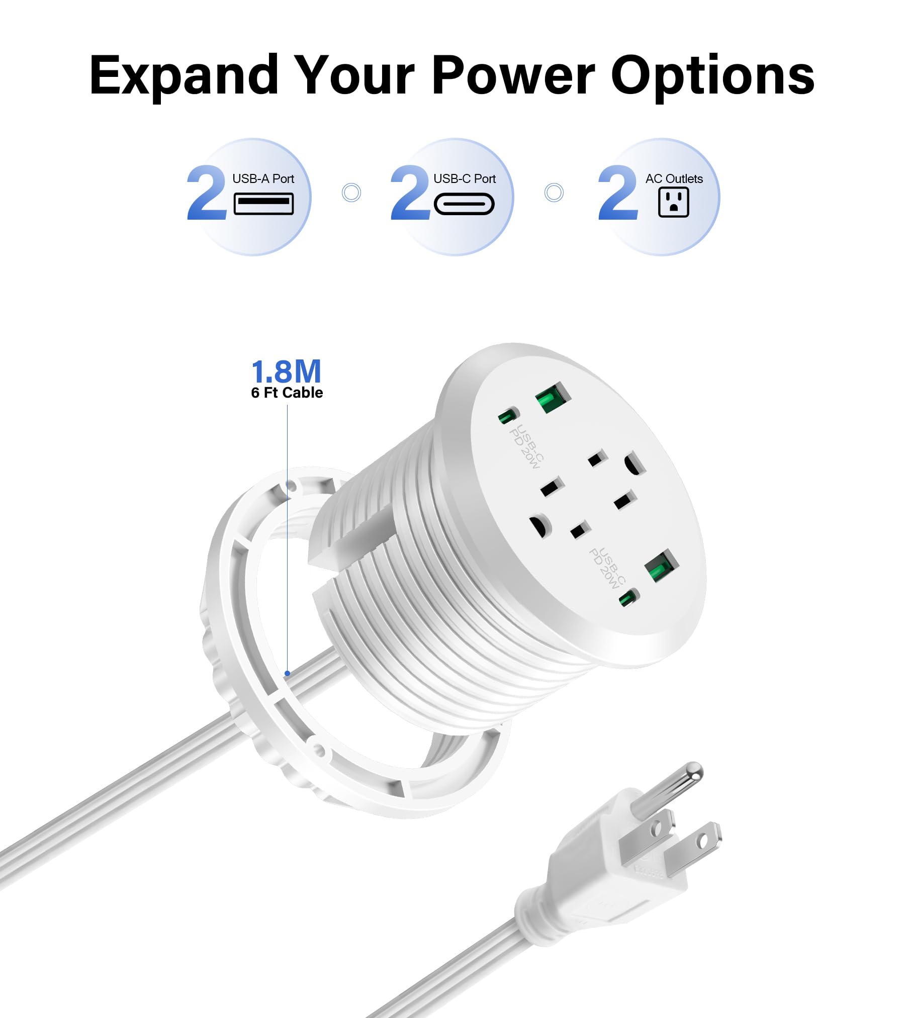 Desktop Power Grommet, 40W Fast Charging Station, 2 Ac Outlets, 4 Usb Ports, Flush Mount Power Grommet 3 Inch Hole, 2 Pd 20W Usb
