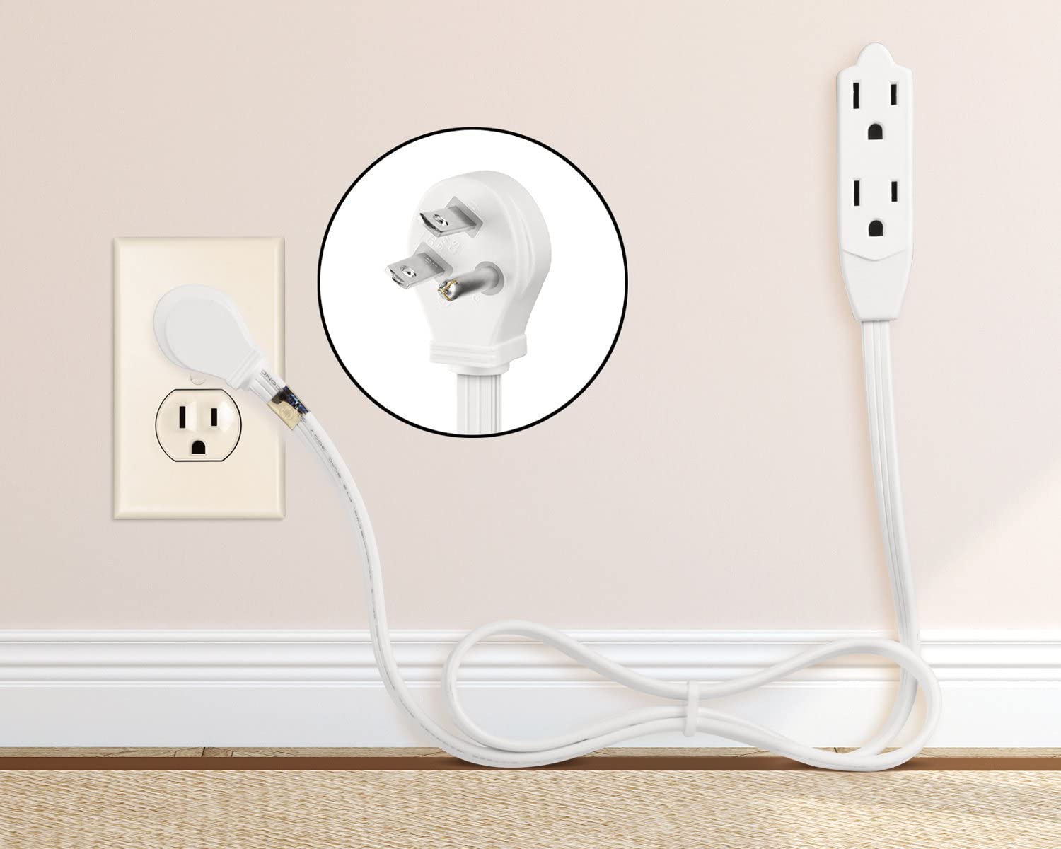 Maximm Cable 3 Feet Flat Plug Extension Cord/Wire, Multi Outlet   3 Prong Angled Plug Extension Cord   White Ul Certified (2 Pack)