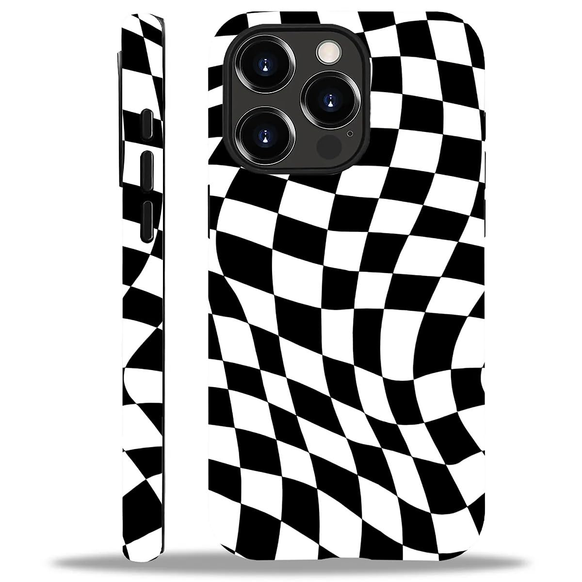 WANKBLC Compatible with iPhone 14 Pro Matte Case, Twisted Black White Checkered Pattern for Girl Full Body Design Soft Silicone 