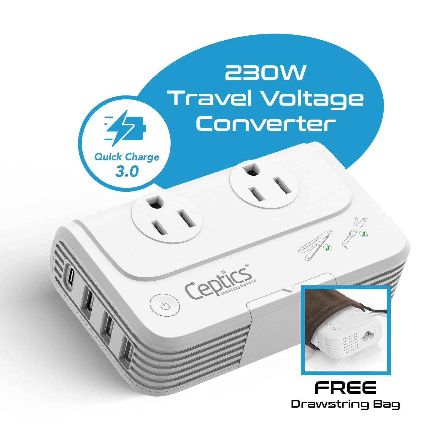 Ceptics 200 W Voltage Converter, Convert 220 V To 110V For Devices Like Curling Iron, Straightener, Chargers, Step Down World Po