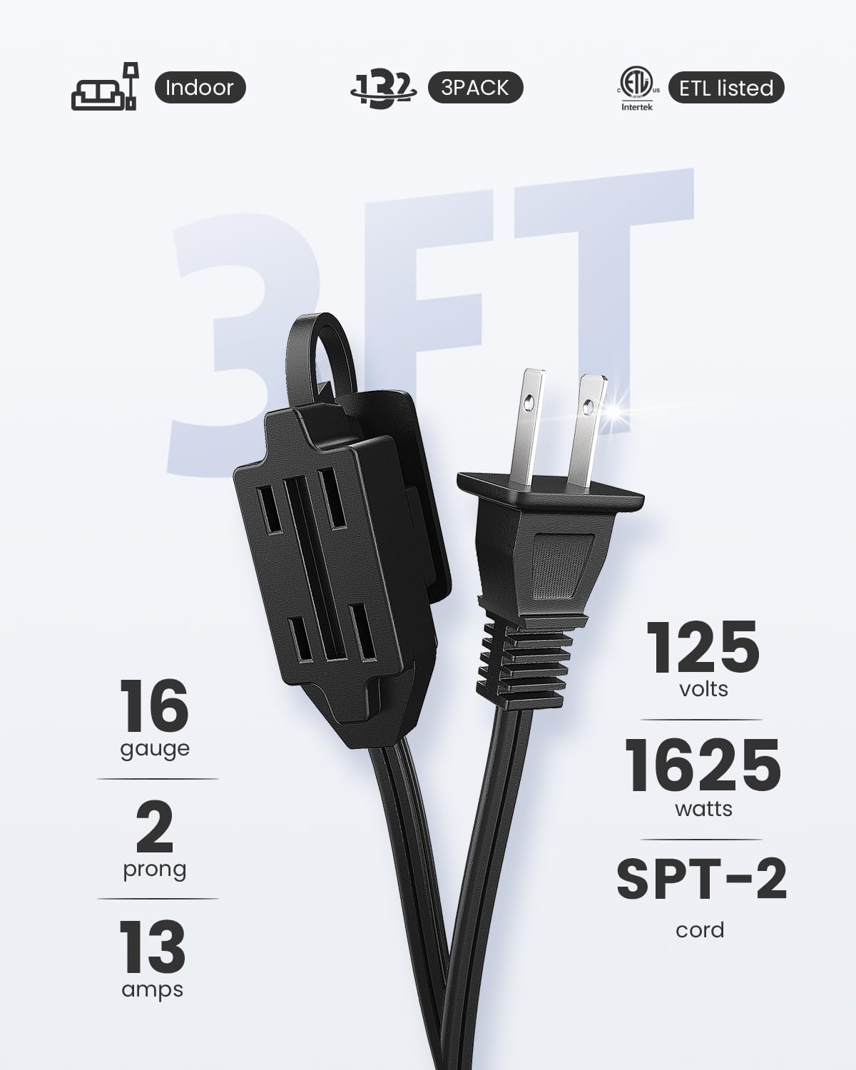 Plugtul Indoor Extension Cord 3 Ft, 2 Prong Black Extension Cord, 3 Polarized Outlets With Safety Cap Protect For Home Office, 1