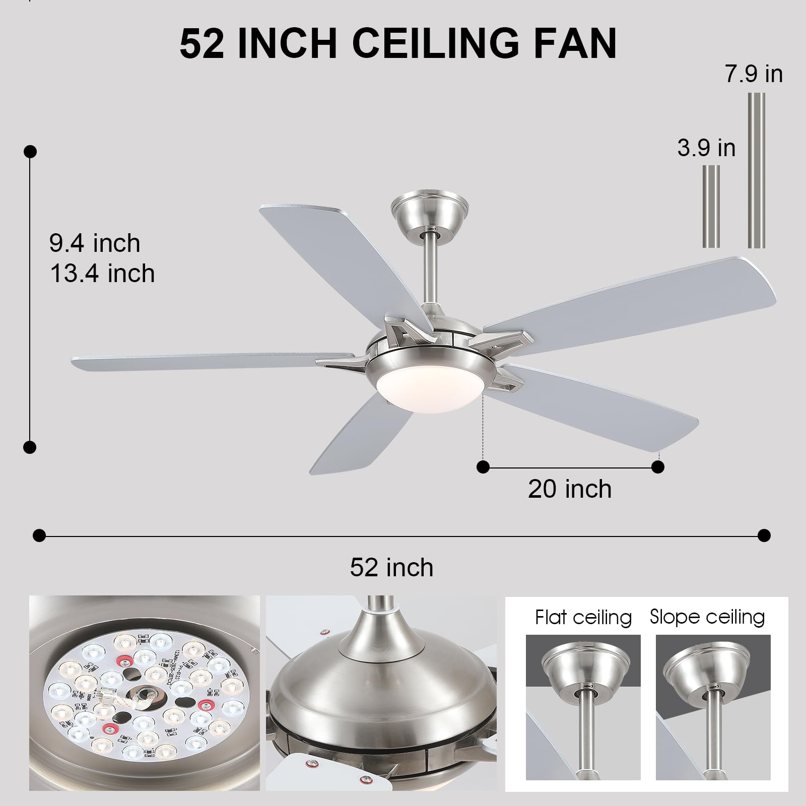 Kviflon 52 Inch Ceiling Fans With Lights And Remote, Modern Indoor Outdoor Ceiling Fan For Bedroom Living Room Patio Porch, 6 Sp