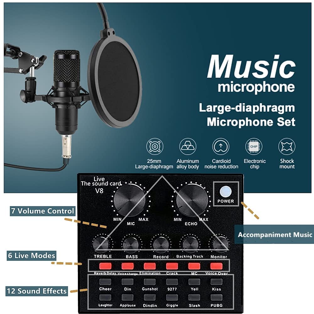 SKTEET Podcast Equipment Bundle with BM800 Mic & V8 Sound Card, Voice Changer, V8-Black, Perfect for Recording & Streaming