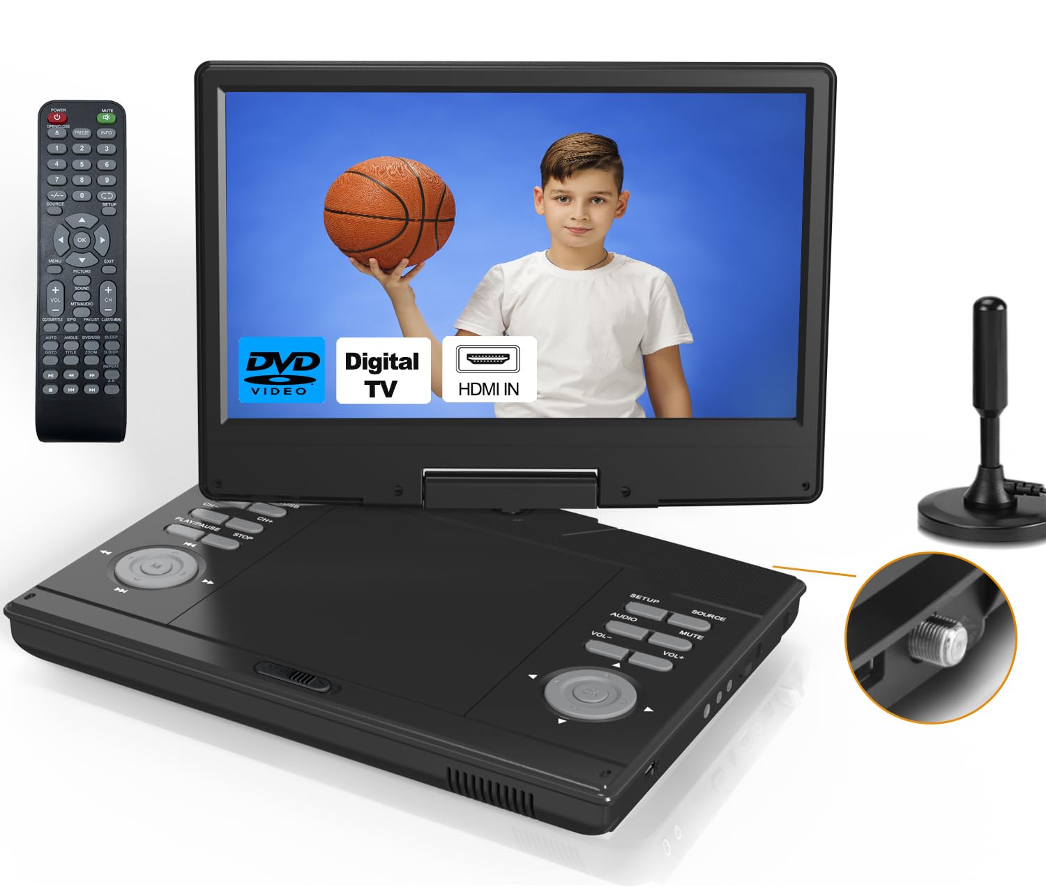 13.8'' Portable Tv/Dvd Player Combo With 12'' Hd Screen And Digital Tuner, Hdmi Input, Built In Battery And High Volume Speakers