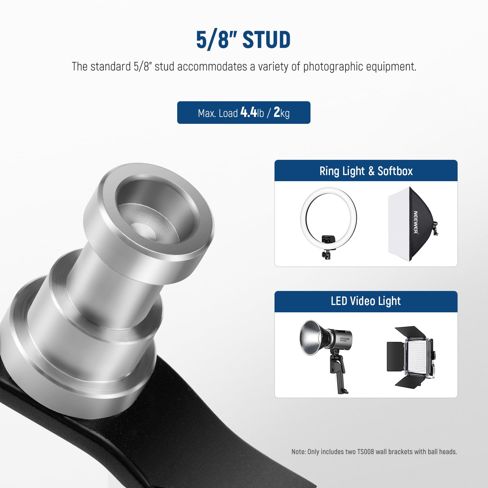 Neewer 2 Pack T Type Wall Ceiling Mount, Ring Light Wall Mount Bracket With Detachable Ball Head, 5/8'' Stud, 1/4'' Screw For Fl