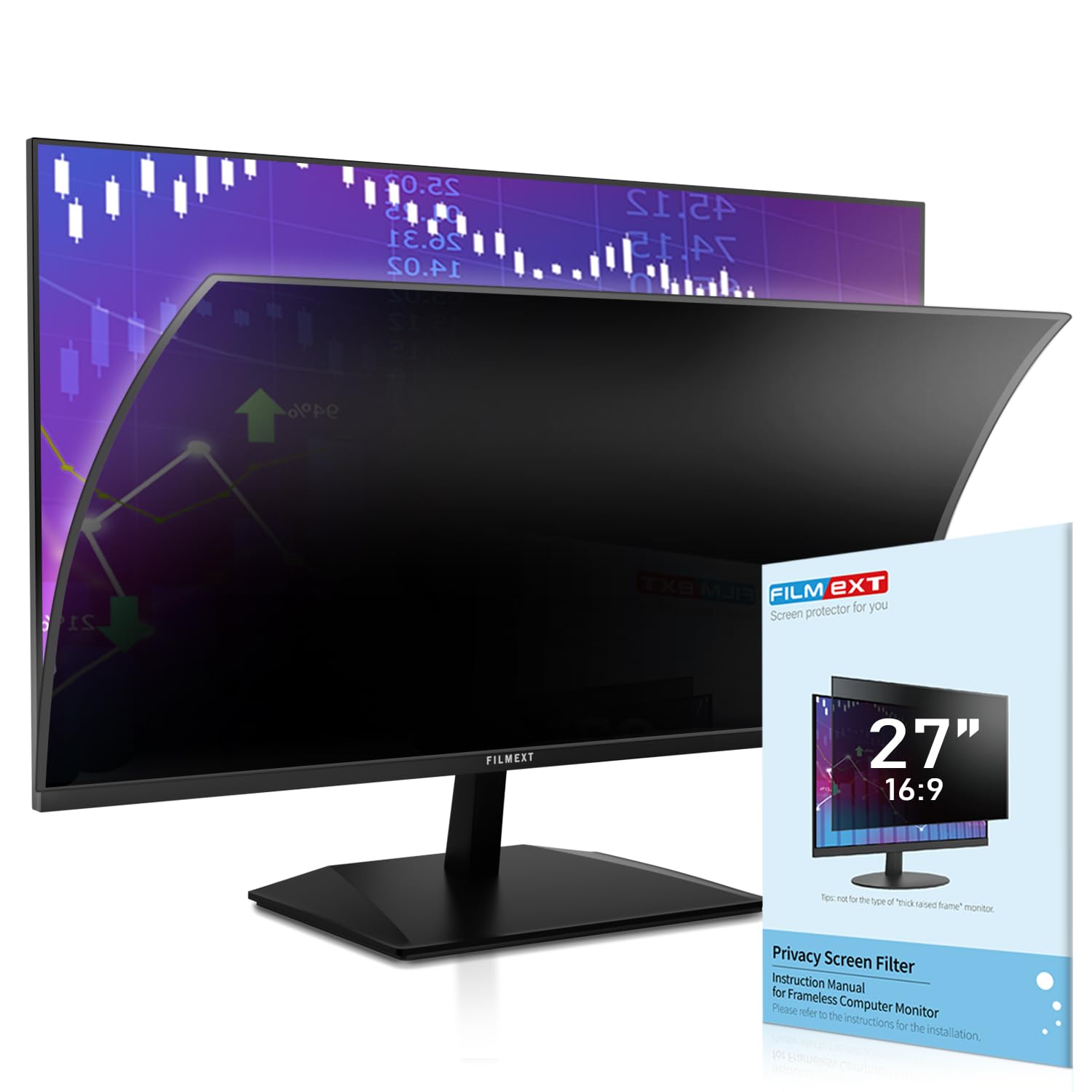 Filmext [2023 Upgrade 27 Inch Removable Privacy Screen Filter For 16:9 All In One Desktop/Frameless Computer Monitor, Bubble Fre