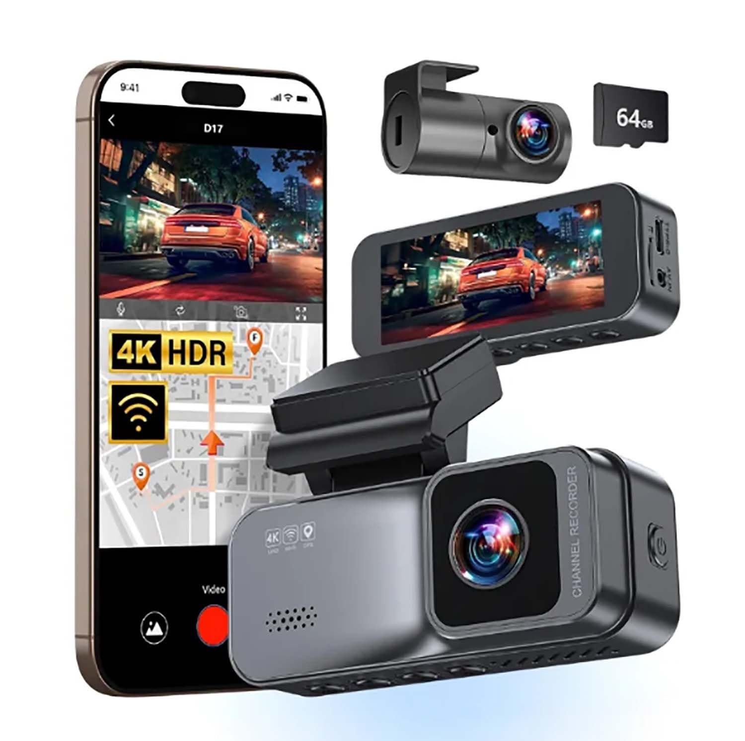 Dashcam Pro 4K Wireless Car Dashcam Front Rear, 5.8GHZ WiFi, GPS, Free 64GB Card, Dash Cam with Parking Monitor, 170 Wide Angle 